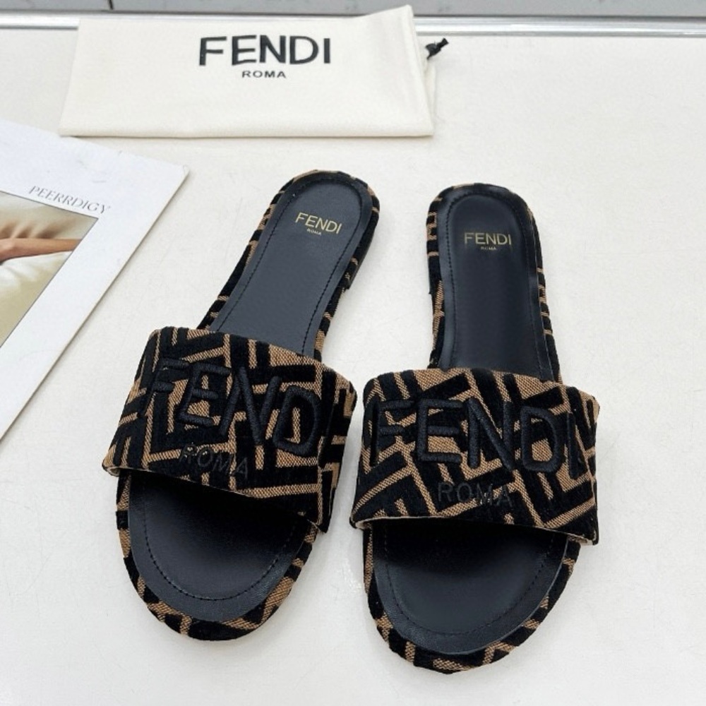 Fendi Black & Brown Logo Slide Sandals for Women